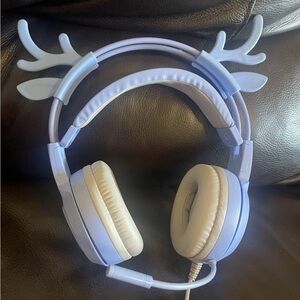 Light Blue Wired Over-Ear Headset w/ Boom Mic, USB & 3.5mm, Antler Design